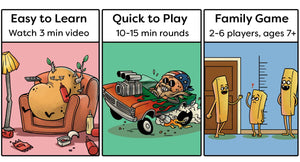 The Couch Potato, Tot Rod, and Small Fry characters are shown on the page with text above the images stating that the game is easy to learn, quick to play, and family friendly. 