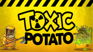 Toxic Potato logo with a toxic potato and HAZMAT character standing on either side of the logo