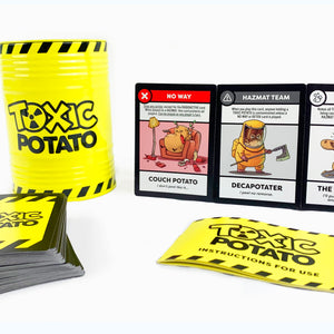 Toxic Potato Base Game card deck, packaging, and instructions for use with a few different Toxic Potato cards and characters propped up