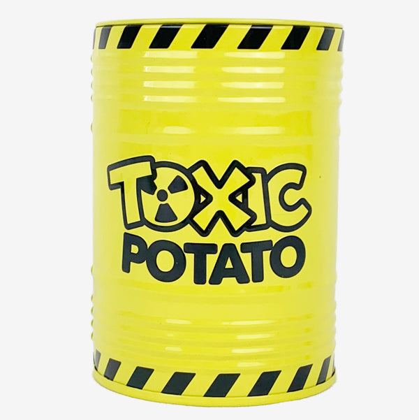 The Toxic Potato base game packaging. The container looks like a Toxic barrel to match the theme of the game.