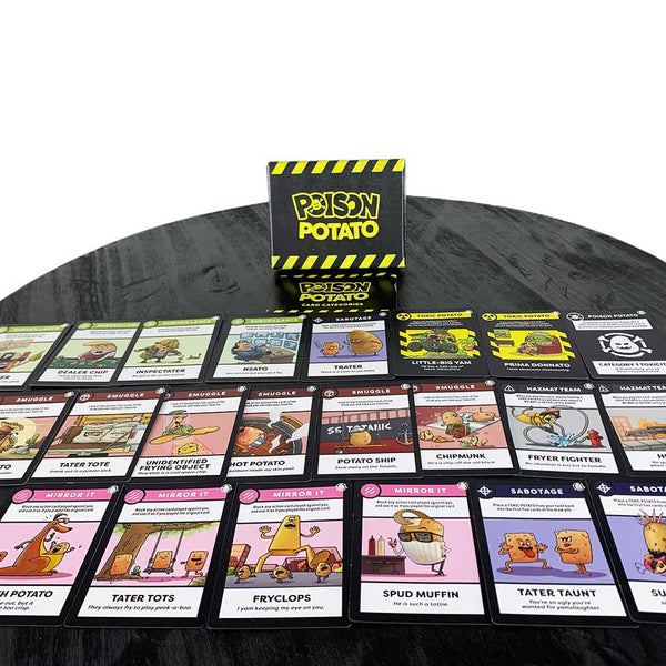 A front-angle view of the Poison Potato expansion package with all of the included cards spread out in front of the box