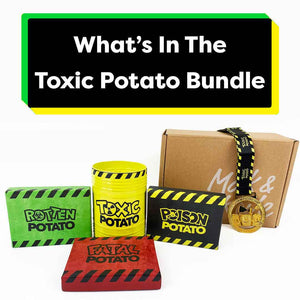 A video reviewing what's included in the Toxic Potato Bundle. It covers the Toxic Potato Base Game contents and gameplay, Poison Potato Expansion, Rotten Potato Expansion, Fatal Potato Expansion, and the Championchip Medal included in the bundle.
